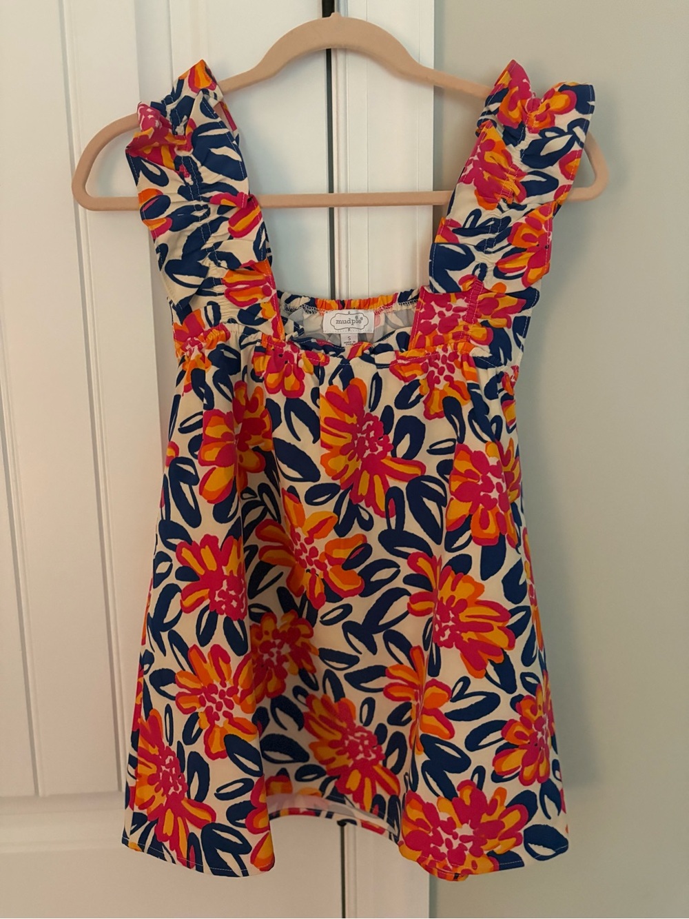 Mud Pie Floral Ruffle-Strap Tank Top in Cream, Pink, Orange & Navy Sz small